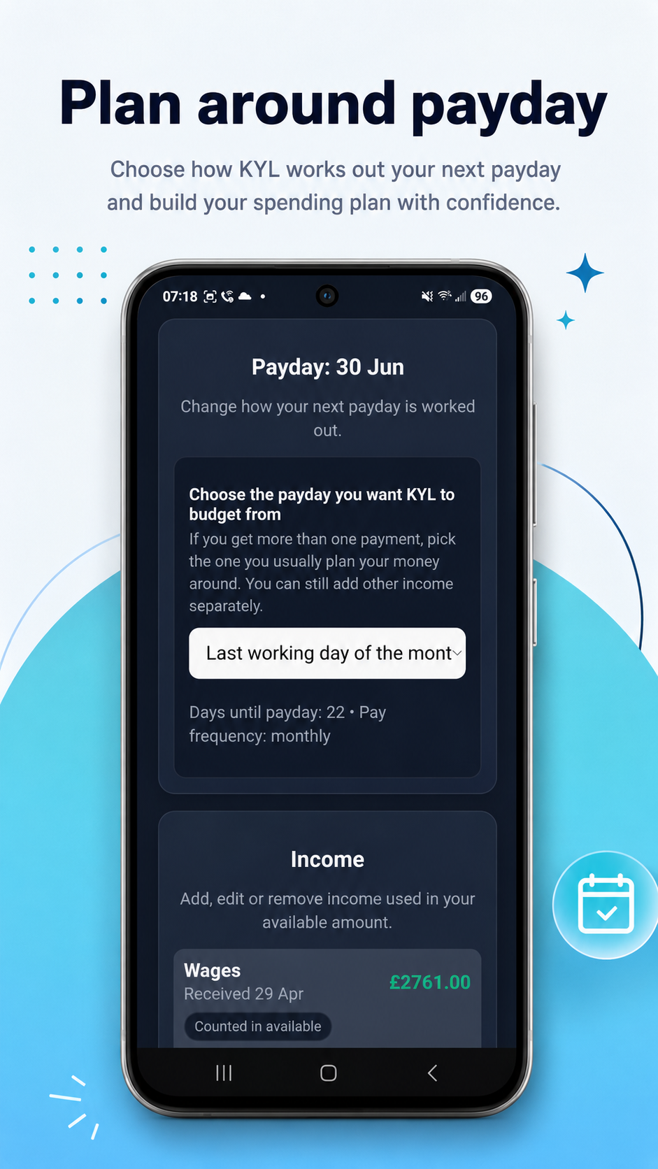 KYL payday settings screen