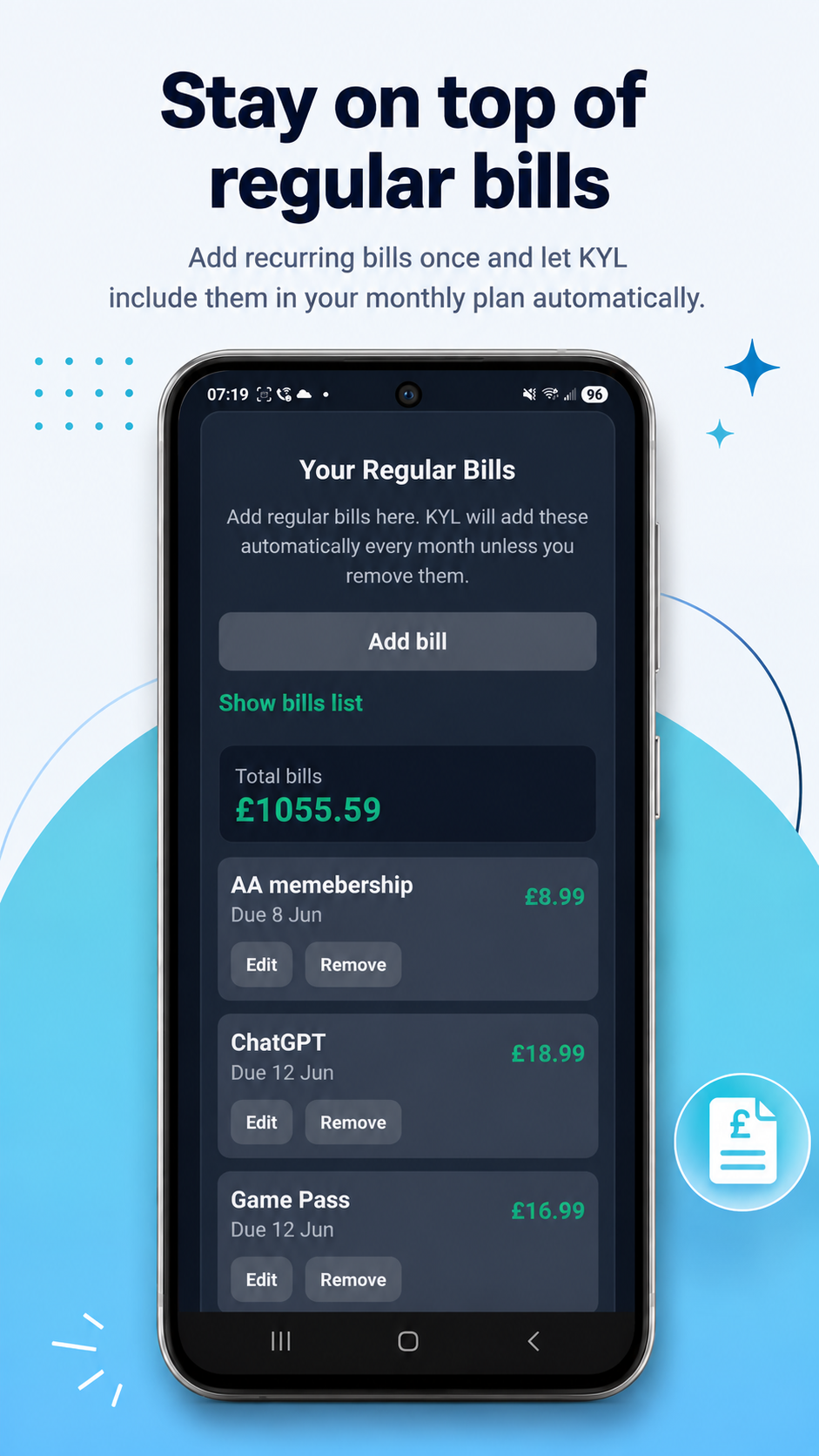 KYL regular bills screen