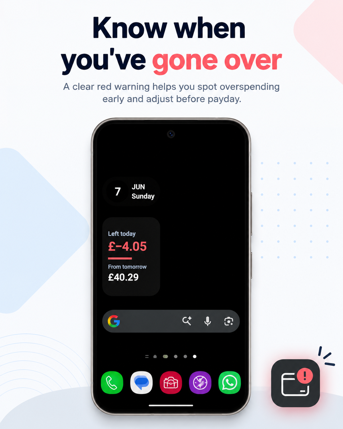 KYL home screen widget showing overspent daily limit