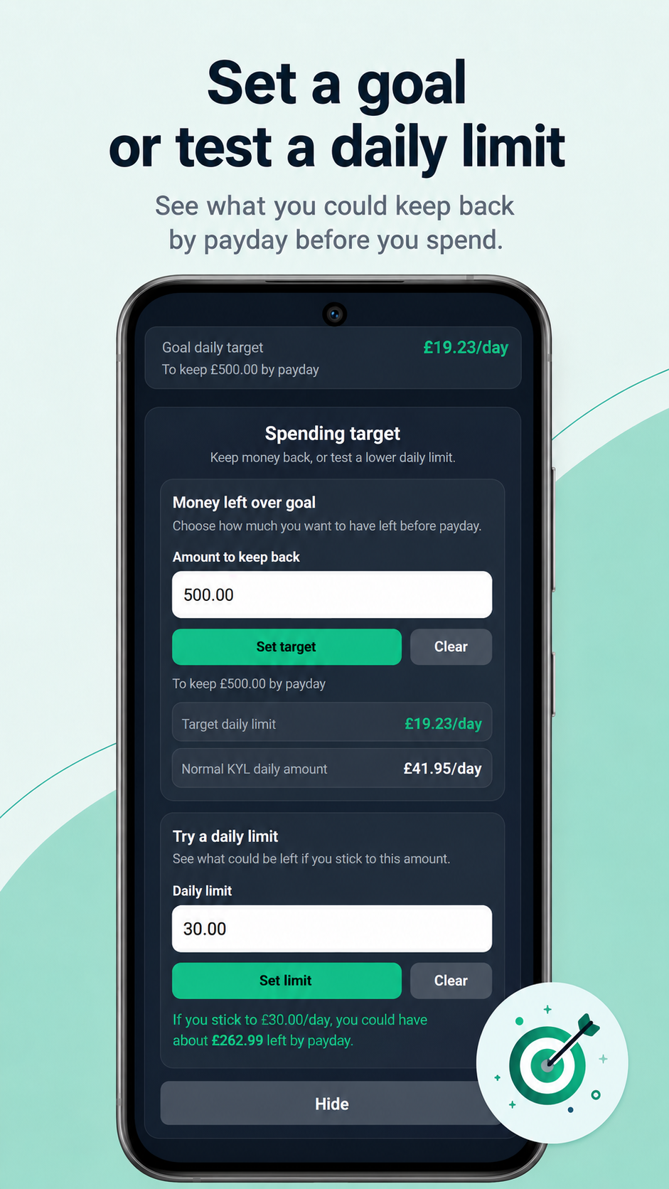 KYL spending target screen showing a money left over goal and custom daily limit