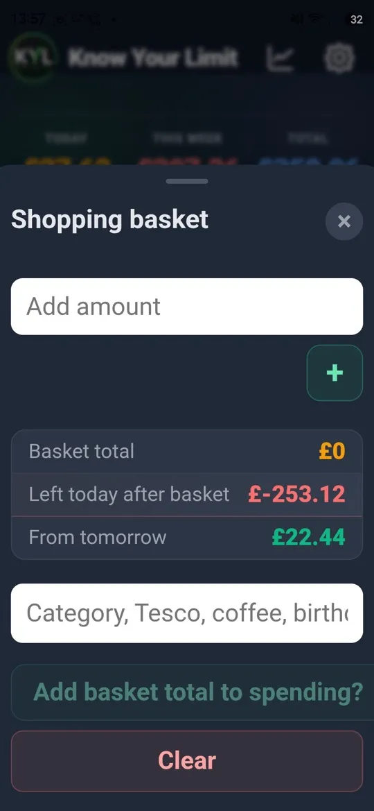 KYL Shopping Basket building a running total and showing what would be left today and from tomorrow