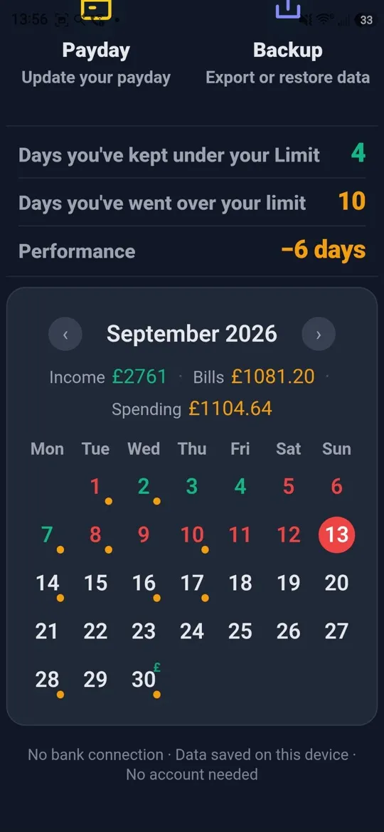 KYL Money Calendar for September showing income, bills and spending across the month