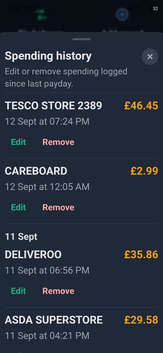 KYL Spending History showing Tesco, Deliveroo and ASDA purchases logged since payday