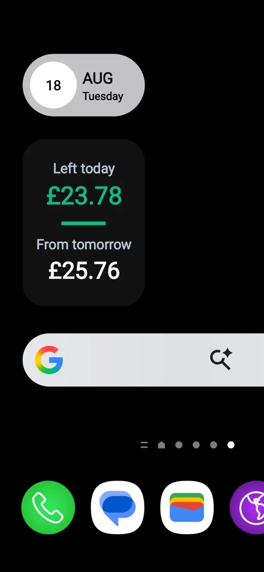 KYL home screen widget showing £23.78 left today and £25.76 from tomorrow